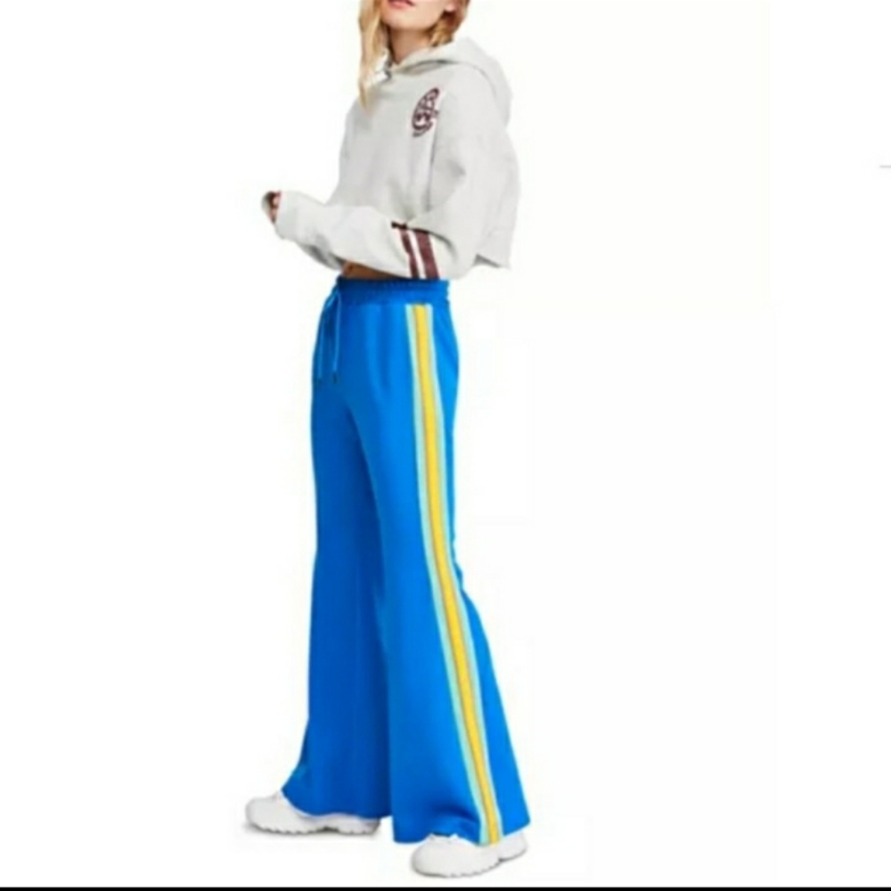 Free People Blue Track Pants with Yellow Stripe